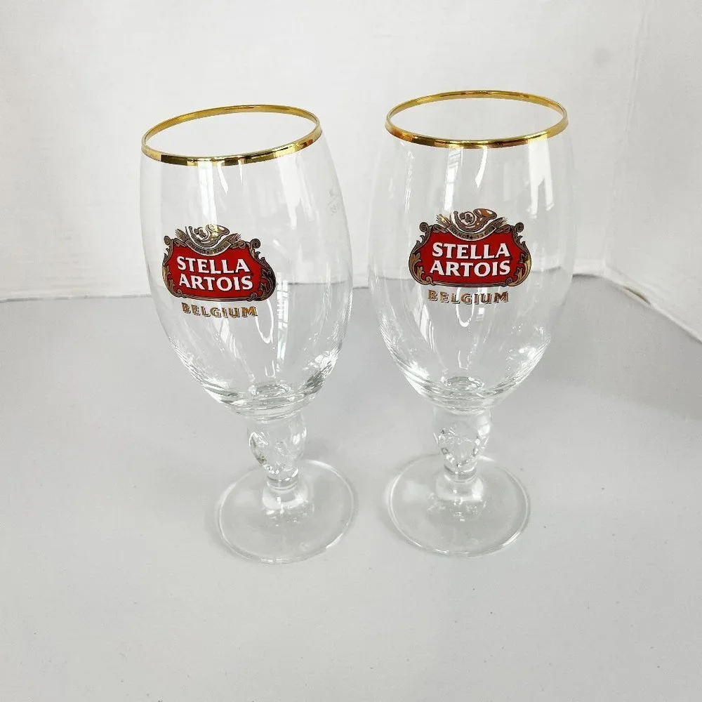 Stella Artois Belgium Beer Glasses Chalice 33CL Set of 2 Gold‎ Rim